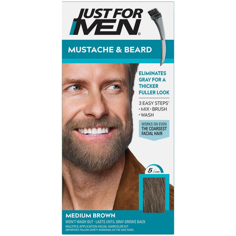JUst For Men Mustache & Beard Brush-In Color Gel, Medium Brown M-35
