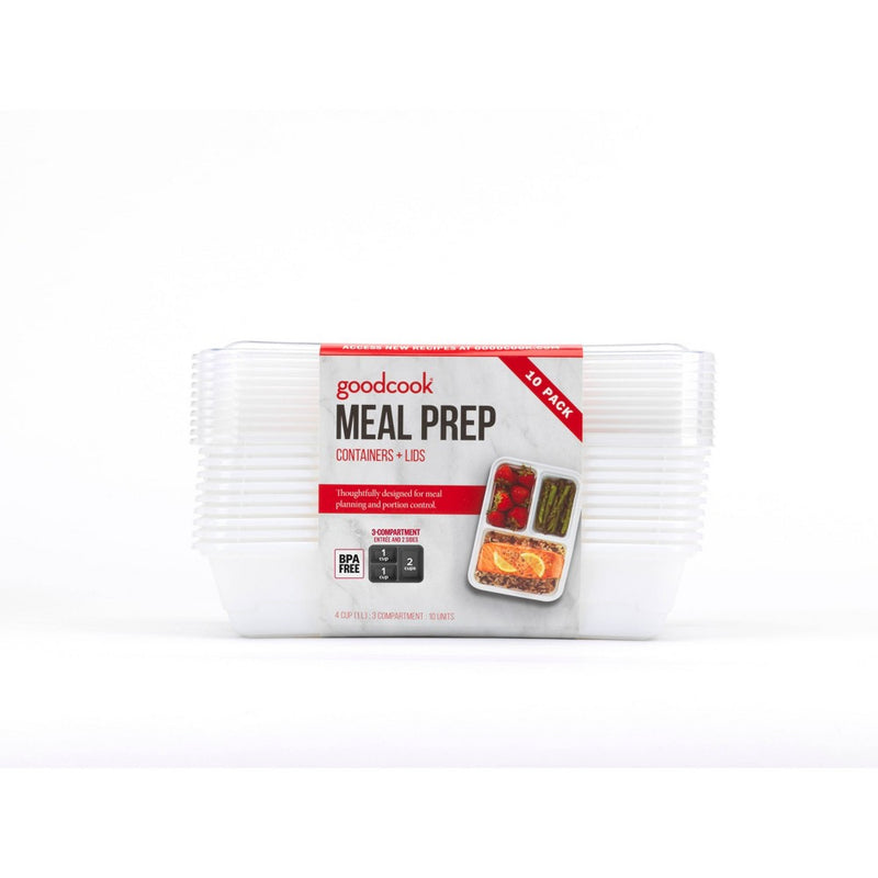 GoodCook Meal Prep 3 Compartment Rectangle White Containers + Lids - 10ct