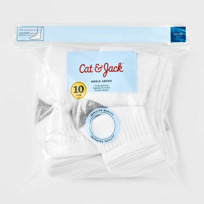 Boys' 10pk Ankle Athletic Socks - Cat & Jack™ White L