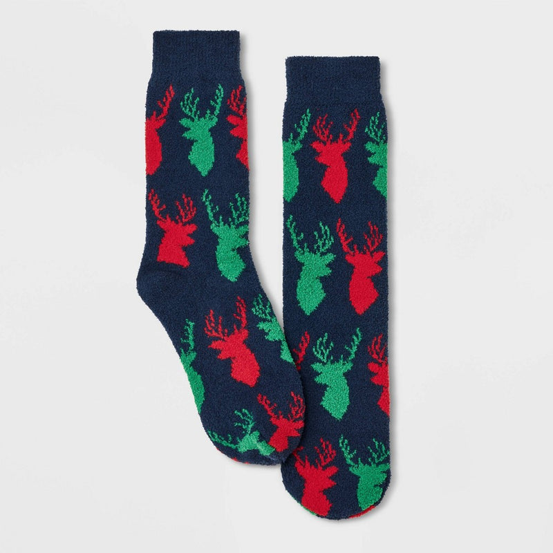 Men's Red Green Deer Cozy Crew Socks with Gift Card Holder - Wondershop Red/Green 6-12