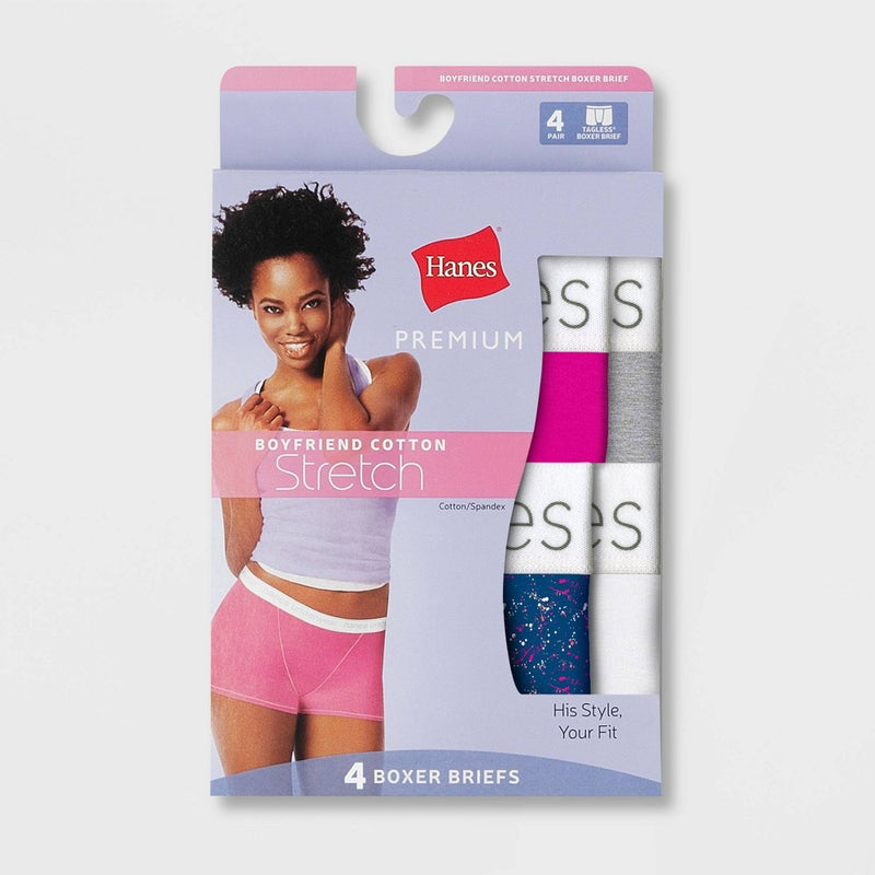 Hanes Premium Women's 4pk Boyfriend Cotton Stretch Boxer Briefs - Colors May Vary L