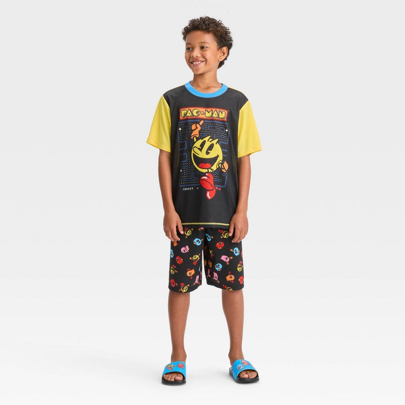 Boys' Pac-Man 2pc Short Sleeve Pajama Set with Slide Sandals - Black 10-12