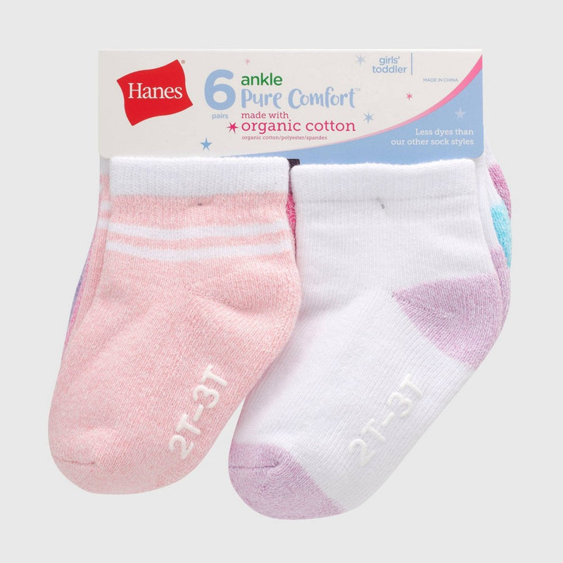 Hanes Baby Girls' 6pk PURE Comfort with Organic Cotton Solid Athletic Socks - Purple/Pink/Gray 12-24M