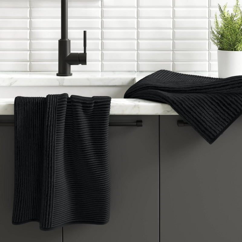 2pk Cotton Solid Ribbed Terry Kitchen Towel Black - Threshold