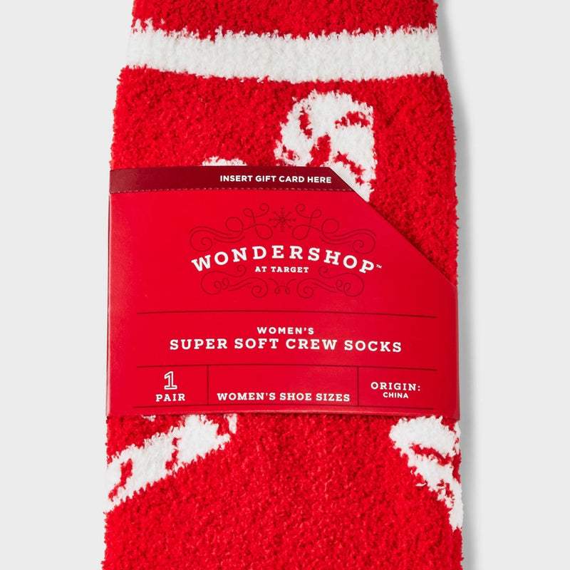 Women's Candy Cane 'Merry and Bright' Cozy Crew Socks with Gift Card Holder - Wondershop Red/White 4-10