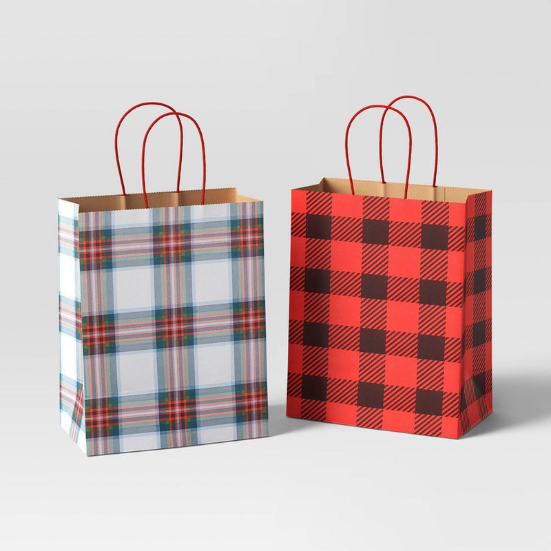 2ct Cub Plaid Paper Handle Christmas Gift Bag Red/White - Wondershop