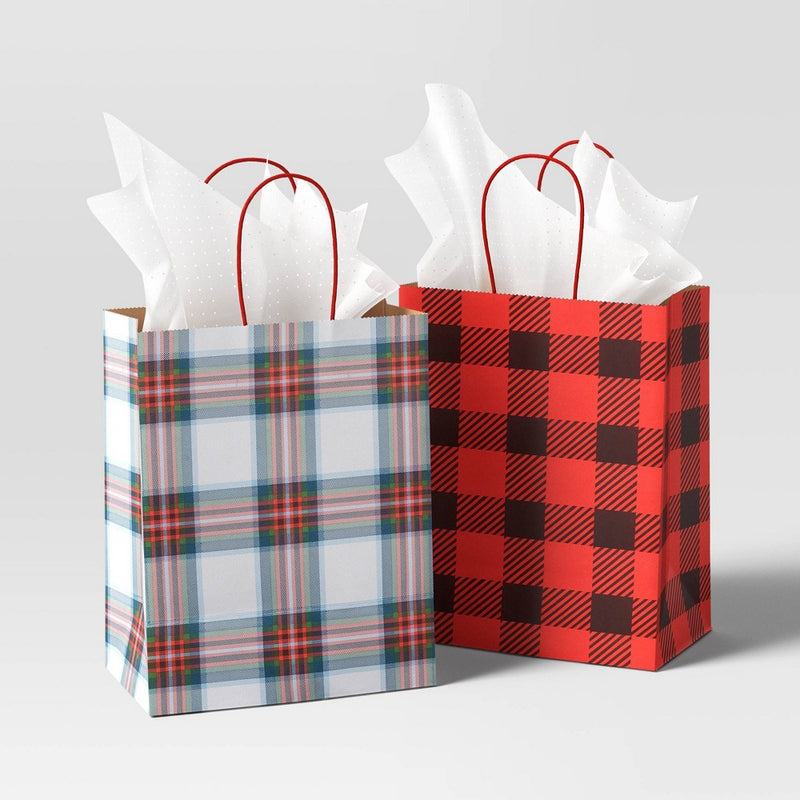 2ct Cub Plaid Paper Handle Christmas Gift Bag Red/White - Wondershop