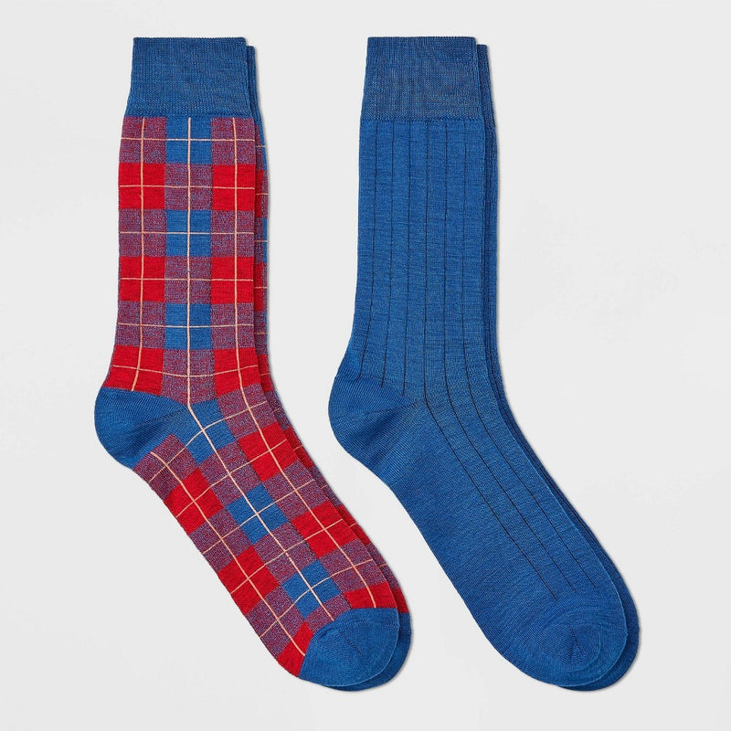 Men's Plaid Novelty Crew Socks 2pk - Goodfellow & Co Red/Blue 7-12