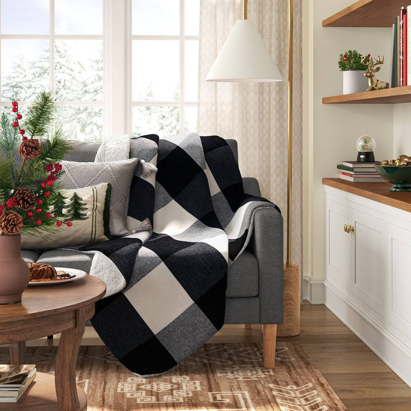 Buffalo Check Woven Chenille Throw Blanket with Sherpa Reverse Ivory/Black - Threshold