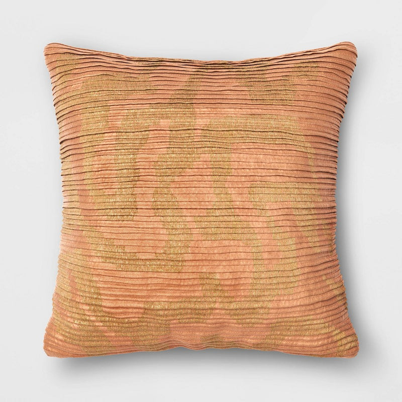 Geometric Patterned Pleated Satin with Metallic Embroidery Square Throw Pillow Beige - Threshold