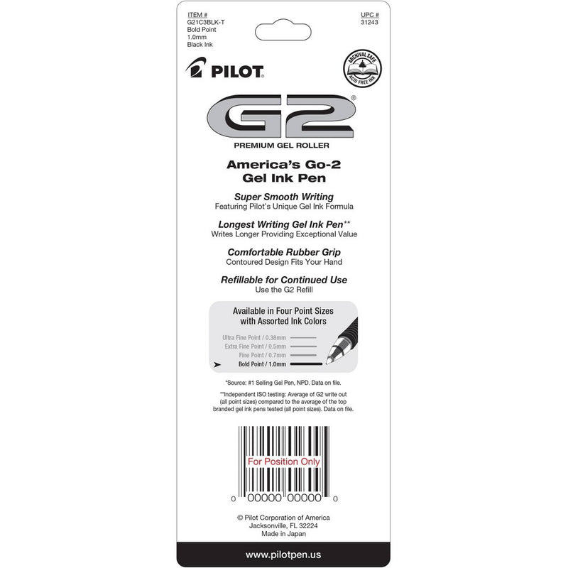 Pilot 3ct G2 Gel Pens Bold Point 1.0mm Black Ink