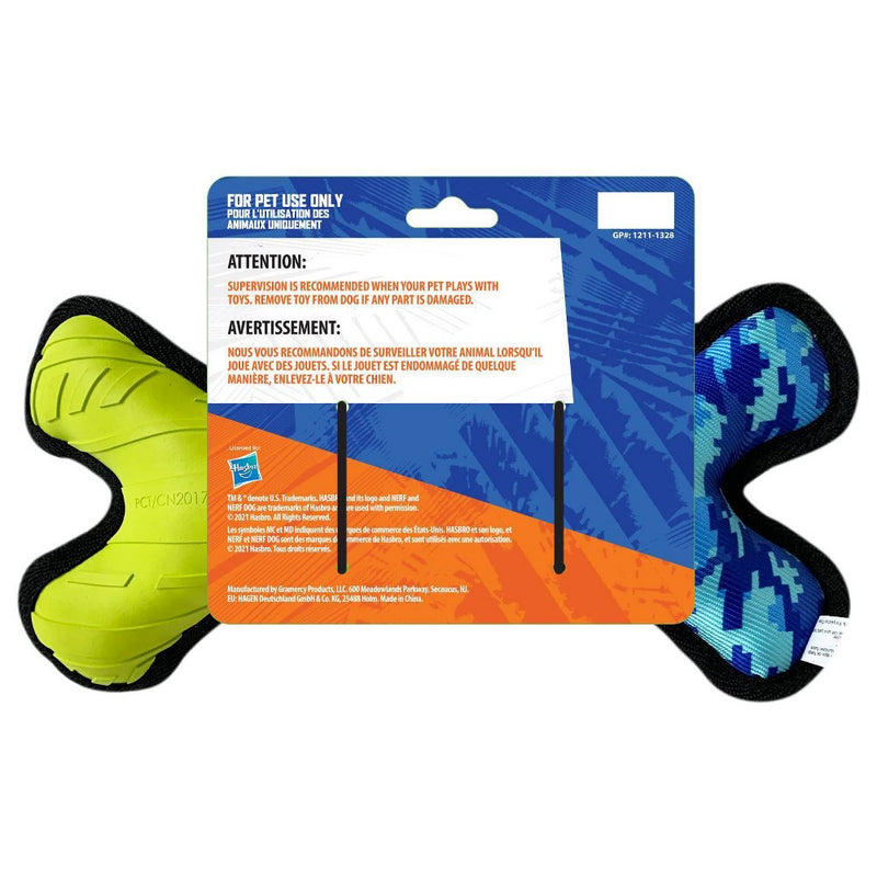 NERF Tuff Rubber Nylon Plush Bone Ploy Filled Dog Toy - Green/Blue - 11"