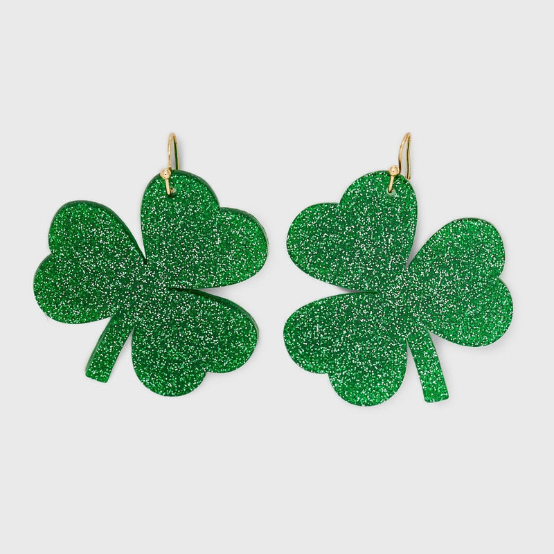 Glitter Shamrock Drop Earrings - Green