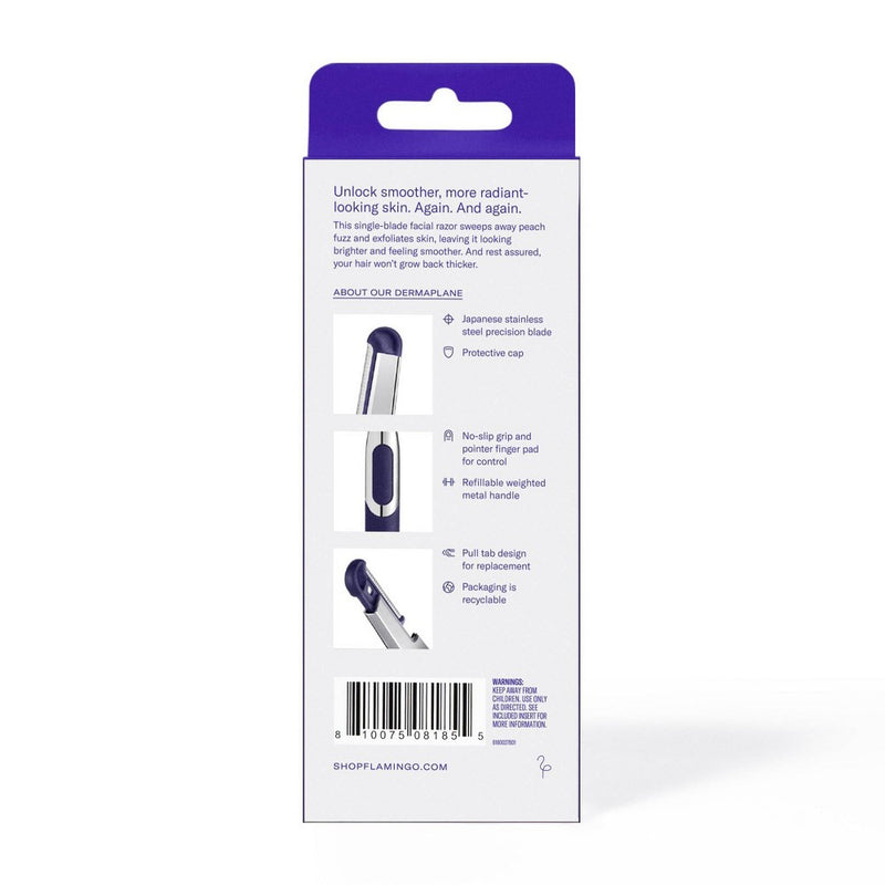 Flamingo Dermaplane Razor - Reusable Facial Razor - 1 Razor Handle - 2 Refill Cartridges