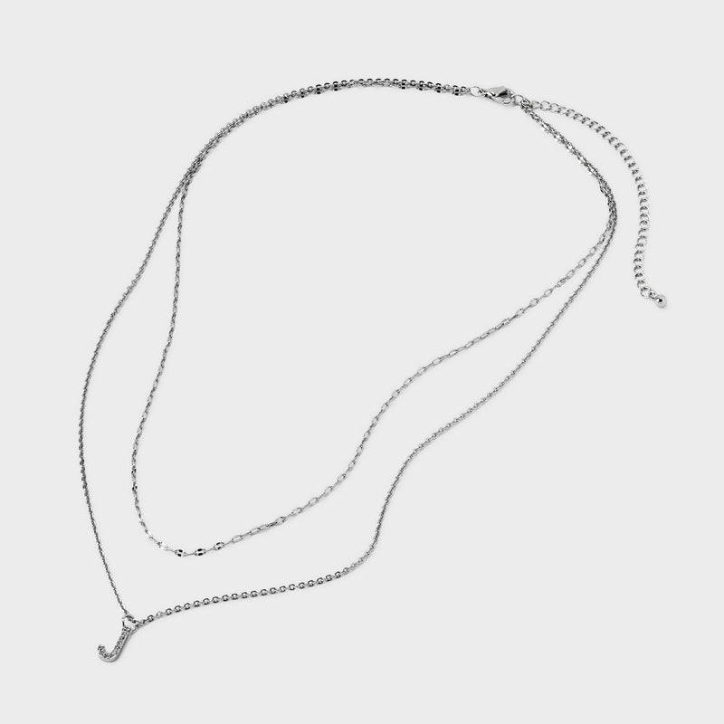 Silver Plated Cubic Zirconia Stud Earring and Initial "J" Multi-Strand Chain Necklace Set 2pc - A New Day Silver