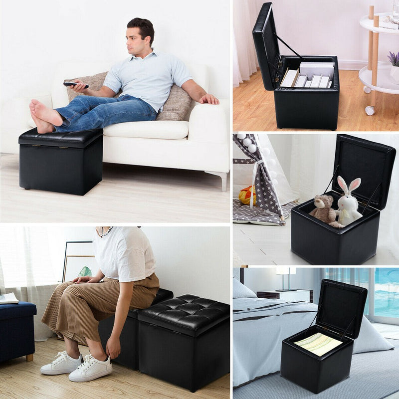 Costway 16''Cube Ottoman Pouffe Storage Box Lounge Seat Footstools with Hinge Top black
