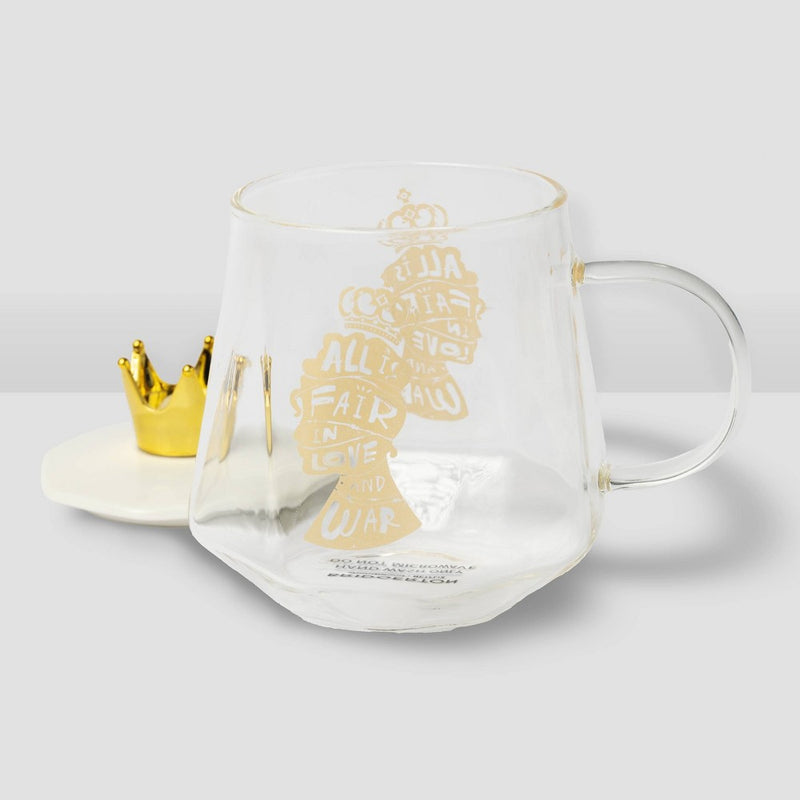 ** MISSING LID** Bridgerton Izzy & Liv 11oz Glass 'All is Fair in Love and War' Mug with Crown Lid
