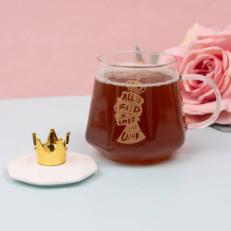 ** MISSING LID** Bridgerton Izzy & Liv 11oz Glass 'All is Fair in Love and War' Mug with Crown Lid