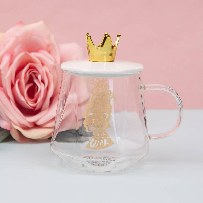 ** MISSING LID** Bridgerton Izzy & Liv 11oz Glass 'All is Fair in Love and War' Mug with Crown Lid