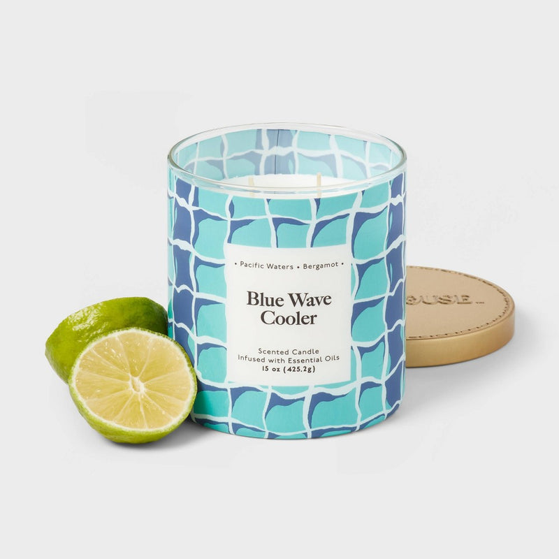 2-Wick 15oz Glass Jar Candle with Patterned Sleeve Blue Wave Cooler - Opalhouse
