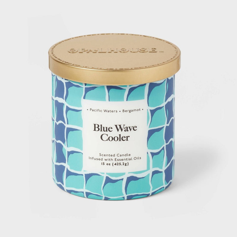 2-Wick 15oz Glass Jar Candle with Patterned Sleeve Blue Wave Cooler - Opalhouse