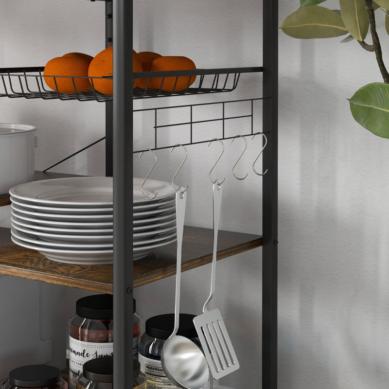 HOMCOM Kitchen Baker's Rack with Power Outlet, USB Charger, Microwave Stand, Coffee Bar with Wire Basket, Adjustable Shelf, 5 Hooks, Rustic Brown (LOCAL PICKUP ONLY)
