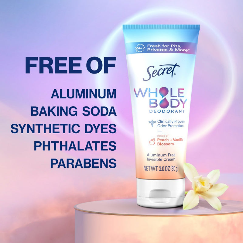 Secret Whole Body Aluminum Free Deodorant Clear Cream - Peach & Vanilla - 3.0oz