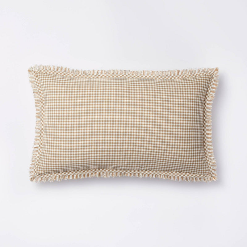 Oblong Gingham with Hemstitch and Raw Edge Decorative Throw Pillow Camel - Threshold designed with Studio McGee (LOCAL PICKUP ONLY)