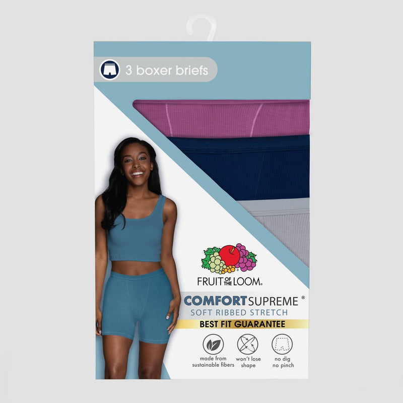 Fruit of the Loom Women's 3pk Comfort Supreme Ribbed Boxer Briefs - Navy Blue/Gray/Magenta 7