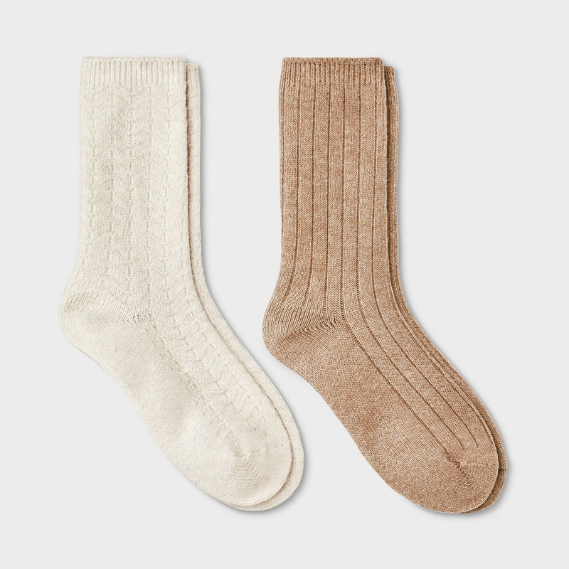 Women's Brushed Terry Lined 2pk Cozy Crew Socks - Auden Ivory/Beige 4-10