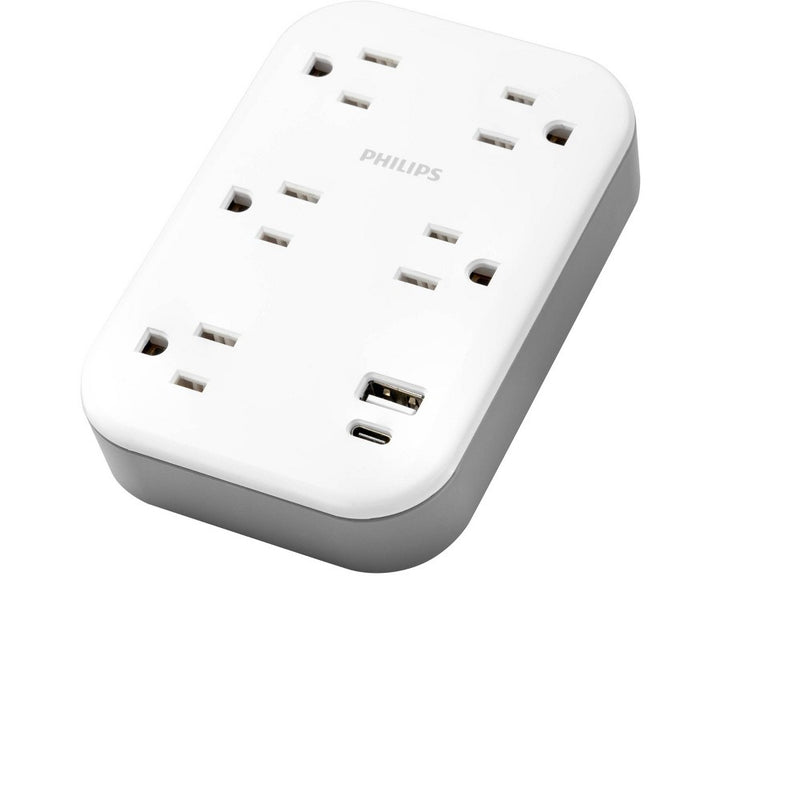 Philips 5-Outlet Surge Tap with USB-A USB-C 900 Joules White Adapter