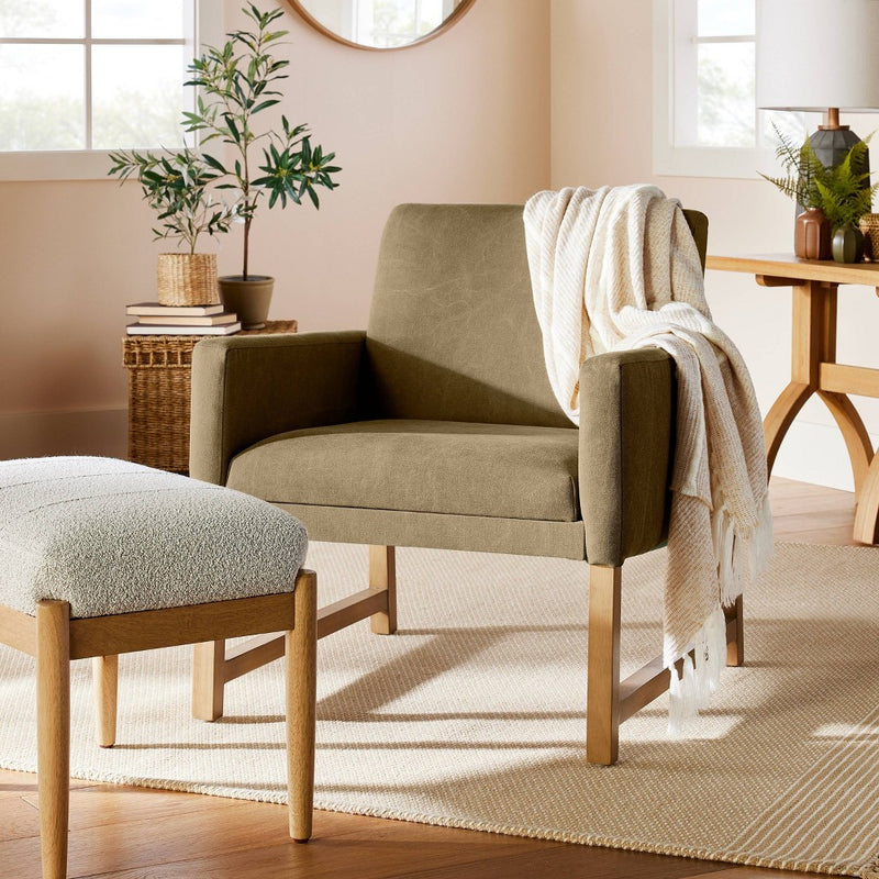 Canvas Upholstered Accent Arm Chair - Khaki: Rubberwood Frame, Foam Cushion - Hearth & Hand with Magnolia (LOCAL PICKUP ONLY)