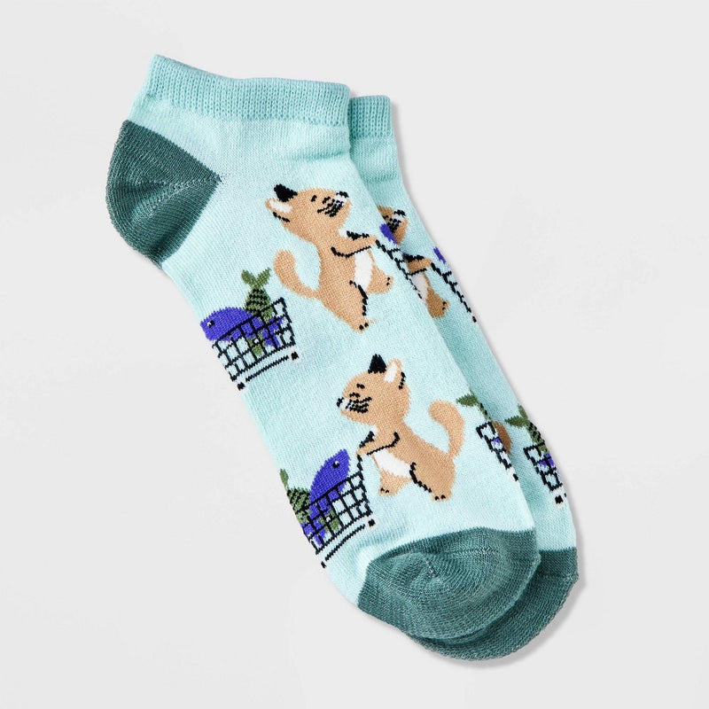 Women's Shopping Cats Low Cut Socks - Aqua 4-10