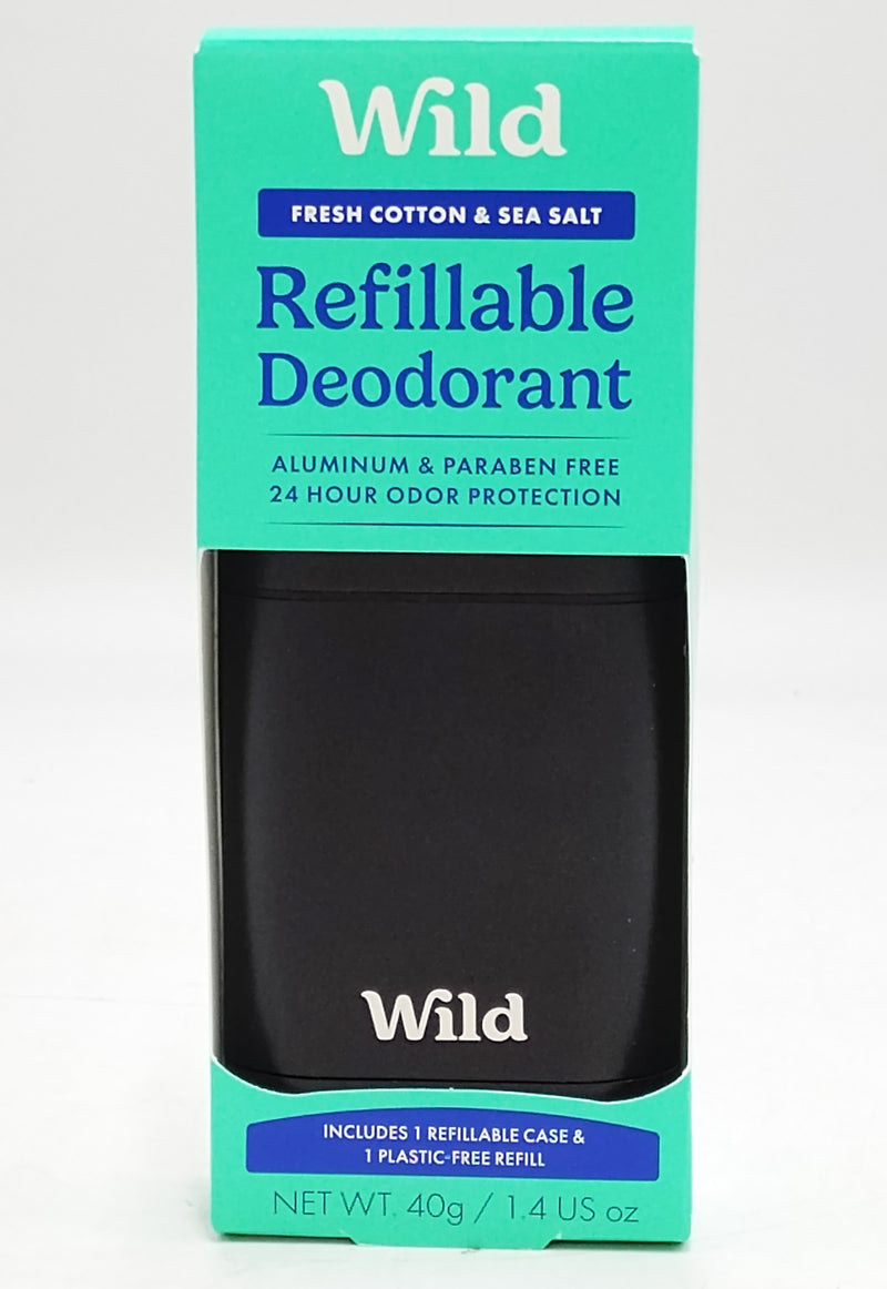 Wild Cosmetics - Refillable Black Case with Fresh Cotton & Sea Salt - Aluminum Free Deodorant - Starter Pack - 5.29oz