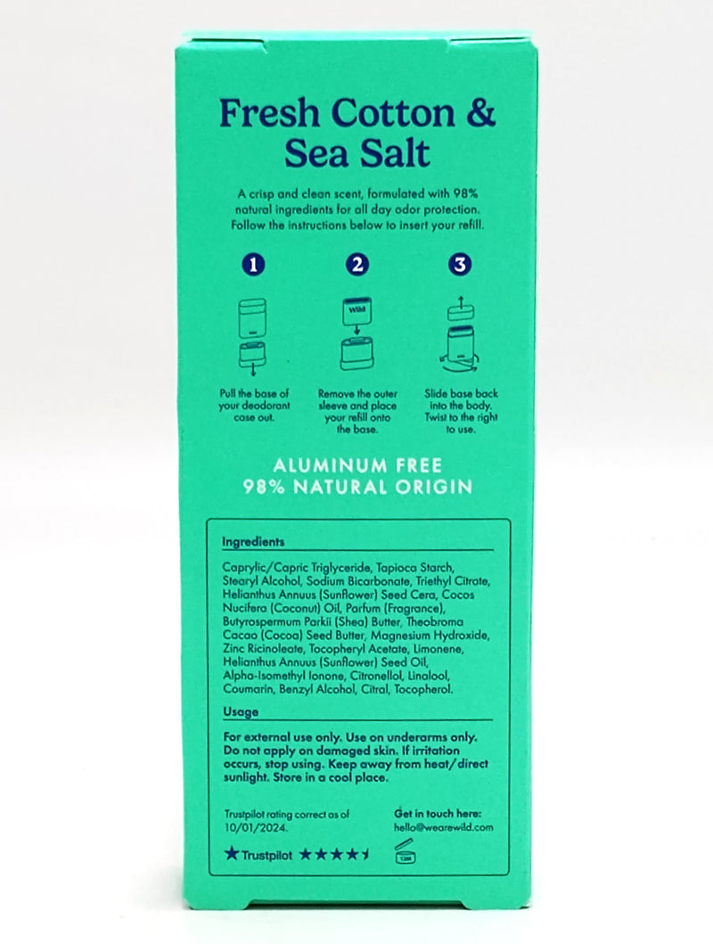Wild Cosmetics - Refillable Black Case with Fresh Cotton & Sea Salt - Aluminum Free Deodorant - Starter Pack - 5.29oz