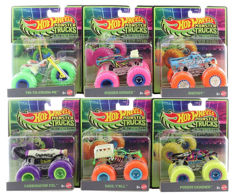 LOT OF 6!!! Hot Wheels Monster Trucks Glow in the Dark Vehicle 2026 Mix 3 Case