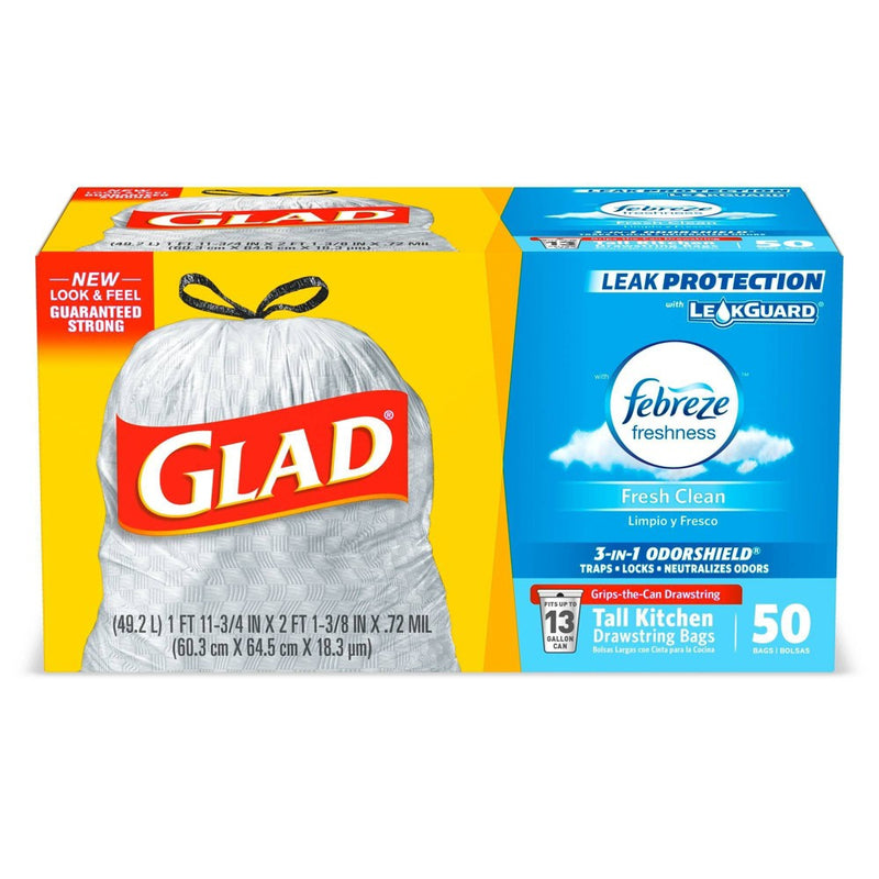 Glad Tall Kitchen Drawstring Trash Bags - OdorShield 13 Gallon Grey Trash Bag - Febreze Fresh Clean - 50ct