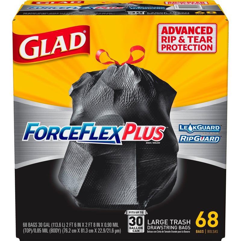 Glad Large Drawstring Trash Bags - ForceFlexPlus 30 Gallon Black Trash Bag - 68ct