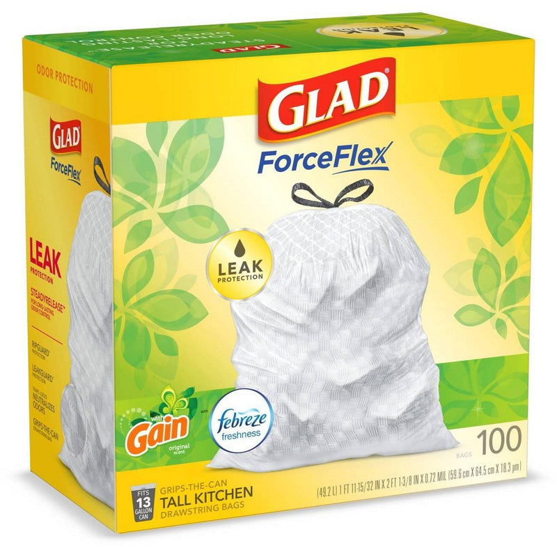 Glad Tall Kitchen Drawstring Trash Bags OdorShield 13 Gallon - Gain Original with Febreze Freshness - 100ct