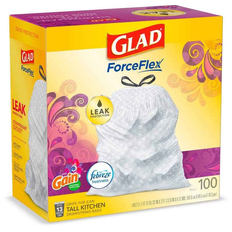 Glad ForceFlex White Trash Bags Gain Moonlight Breeze Scent with Febreze Freshness 13 Gallon - 100ct