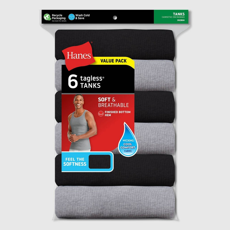 Hanes Men's 6pk Red Label Tank Top Dyed A-Shirt - Gray/Black M