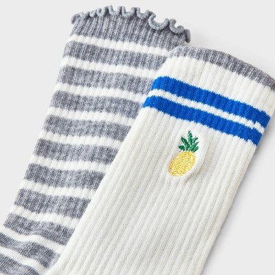 Women's 2pk Ribbed Scallop Edge Embroidered Pineapple Crew Socks - Wild Fable Cream/Grey 4-10