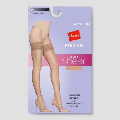 Hanes Premium Women's Sheer Thigh Highs - Nude XL: Elastic Leg Opening, Reinforced Toe, Leg Support