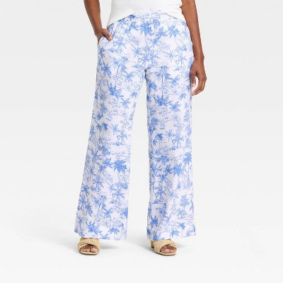 Women's Linen Wide Leg Pull-On Pants - A New Day Blue/White Toile XL Short