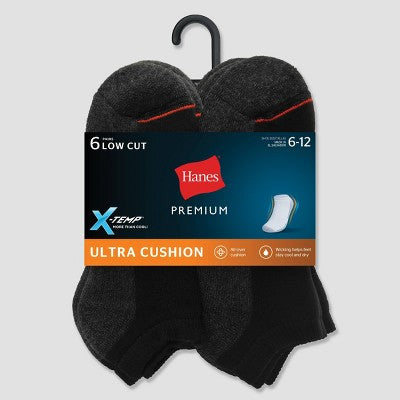 Hanes Premium Men's X-Temp Ultra Cushion Low Cut Socks 6pk - Black 6-12: Breathable, Cushioned Sole, Reinforced Toe