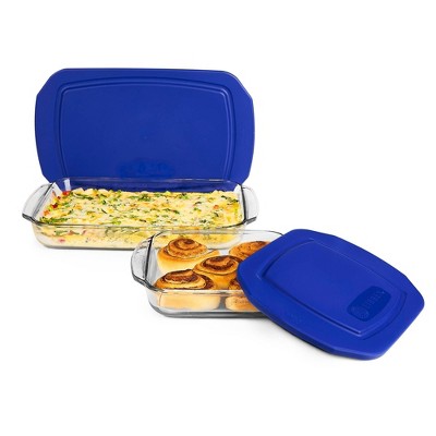 Libbey Bakers Basics 9x13 Deep, 8x8 Deep Glass Bakeware set with Press Fit Dark Blue Lids