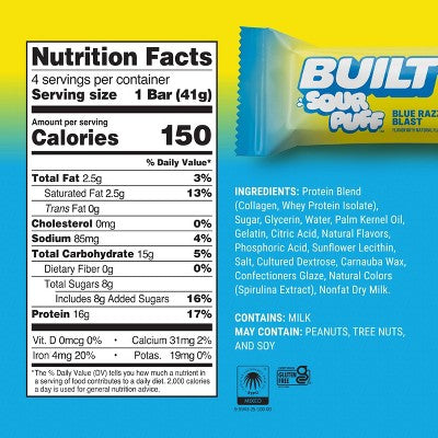 Built Bar Blue Razz Blast Sour Puff Protein Bars - 16g Protein - 1.45oz/4ct