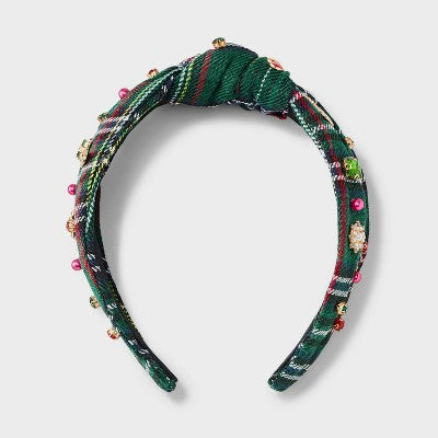Christmas Plaid Embellished Top Knot Headband - Green/Red