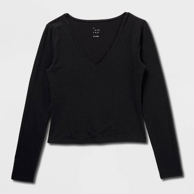 Women's Sculpt Long Sleeve V-Neck Top - A New Day Black L