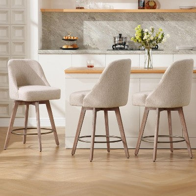 Bekrvio 26" Swivel Bar Stools Set of 1 with Solid Wood Legs, 3.15" Linen Upholstered Seat with Back, Mid-Century Bar Chairs for Kitchen Island, Brown (LOCAL PICKUP ONLY)